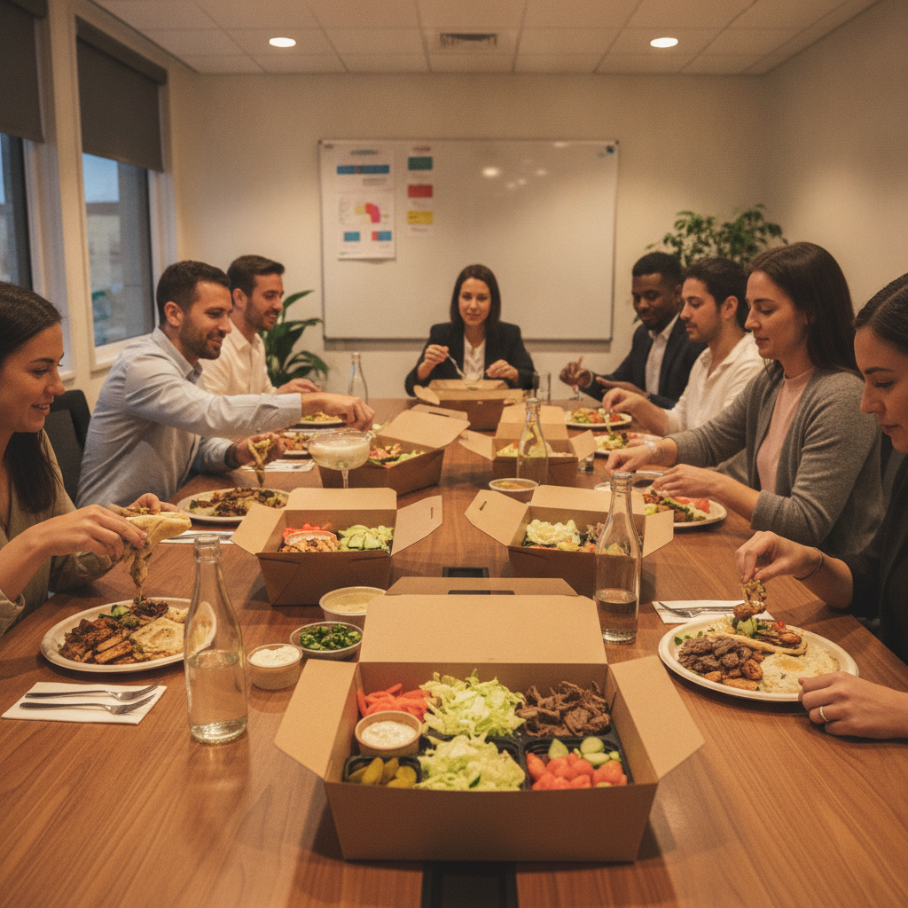 Office team assembling build-your-own shawarma bowls from catering boxes, showing efficient service style for Toronto corporate lunches