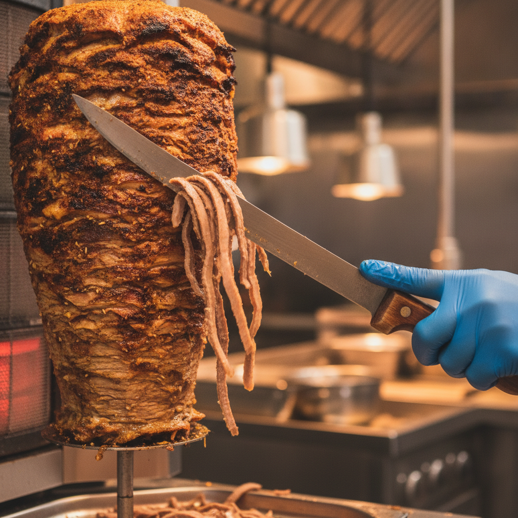 Close-up of shawarma meat shaved from a rotisserie skewer, illustrating authentic shawarma catering prep in Toronto