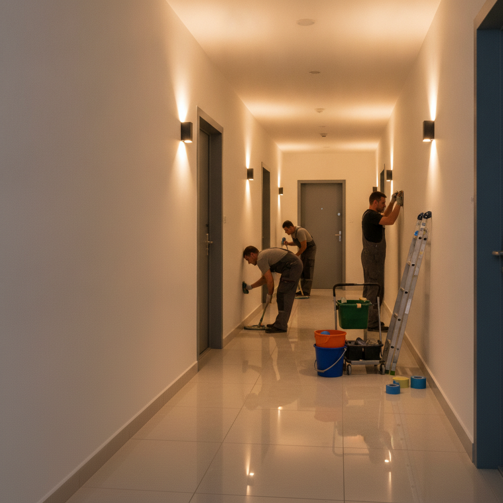 Multi-unit hallway crew performing final cleaning and touch-ups before apartment turnover handover