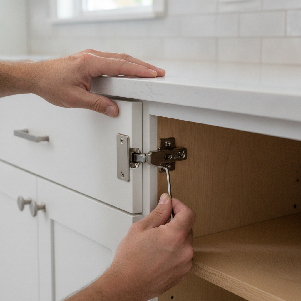 Close-up final handover checklist inspection of cabinet hinge alignment during apartment turnover