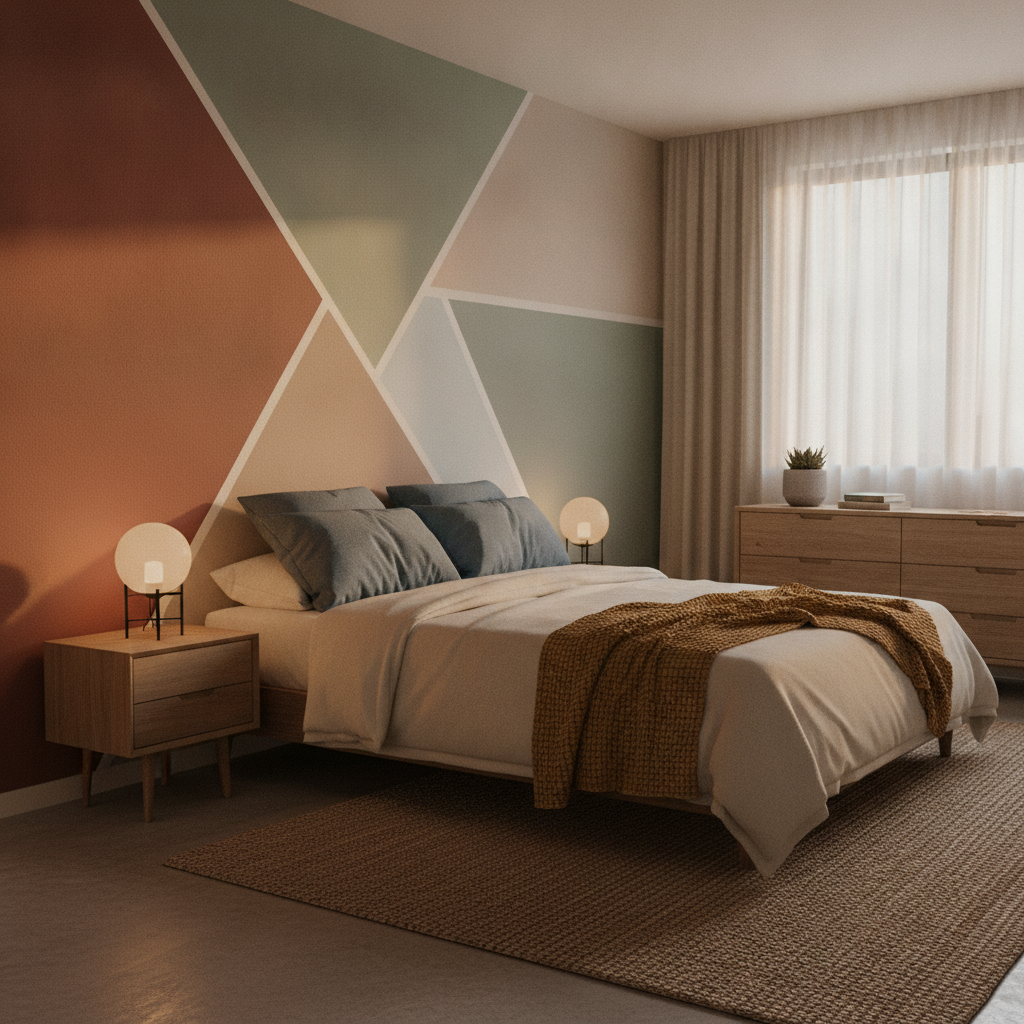 Finished bedroom showcasing a geometric feature wall behind the bed with contrasting colors and minimalist décor for a clean focal point