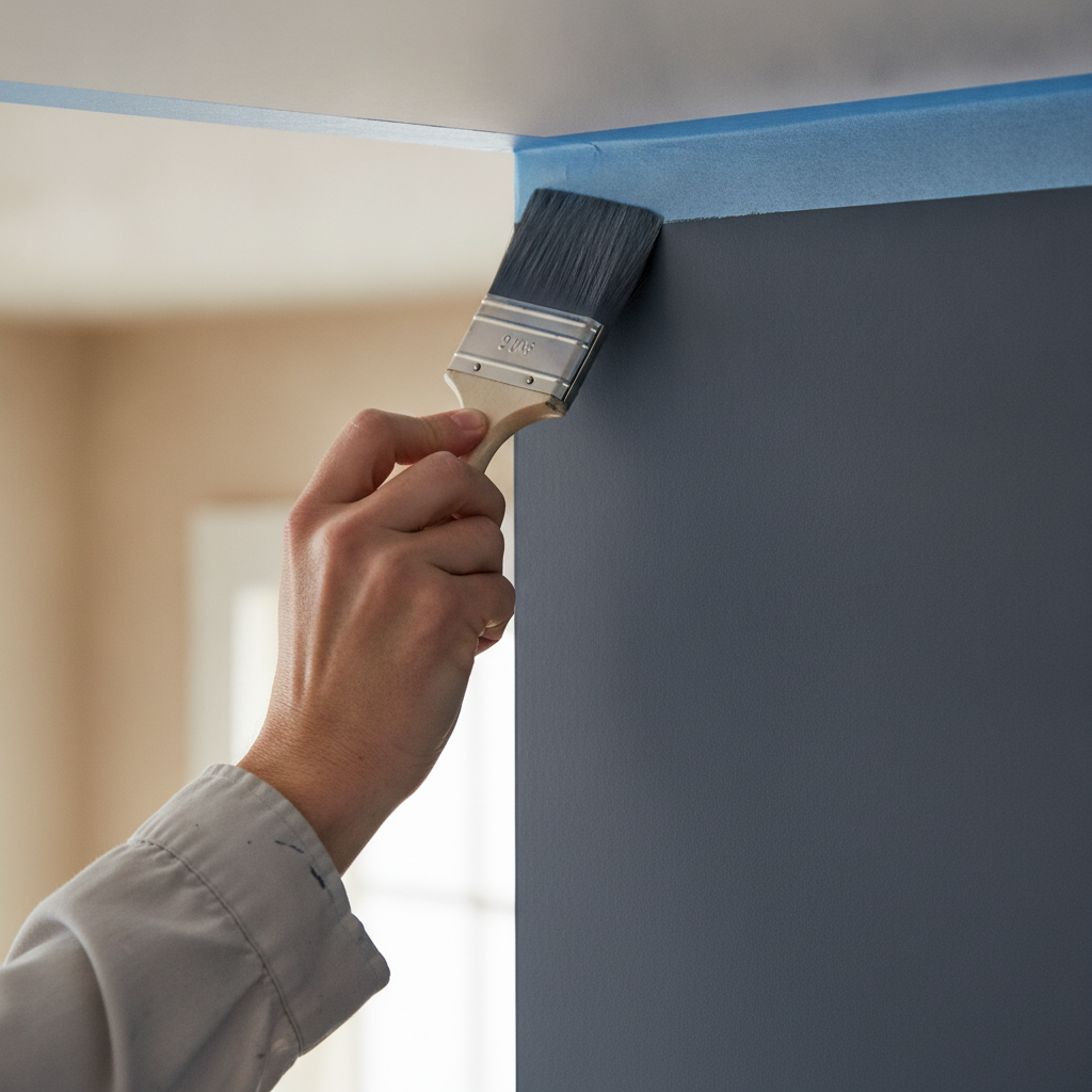 Close-up cutting-in detail for painting a feature wall with clean tape and angled brush, showing crisp ceiling line and pro interior painting technique