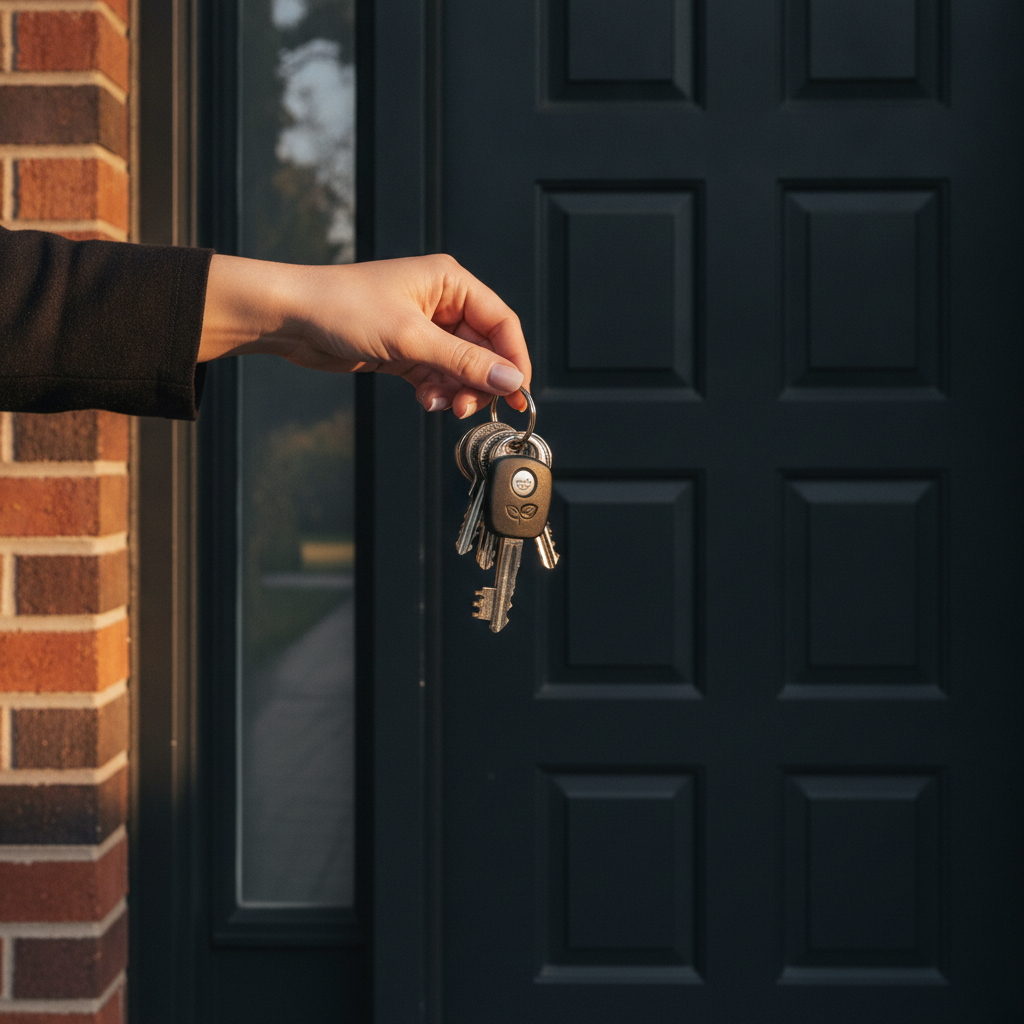Close-up of new house keys at a GTA detached home entry, illustrating buyer representation for houses for sale in Greater Toronto Area