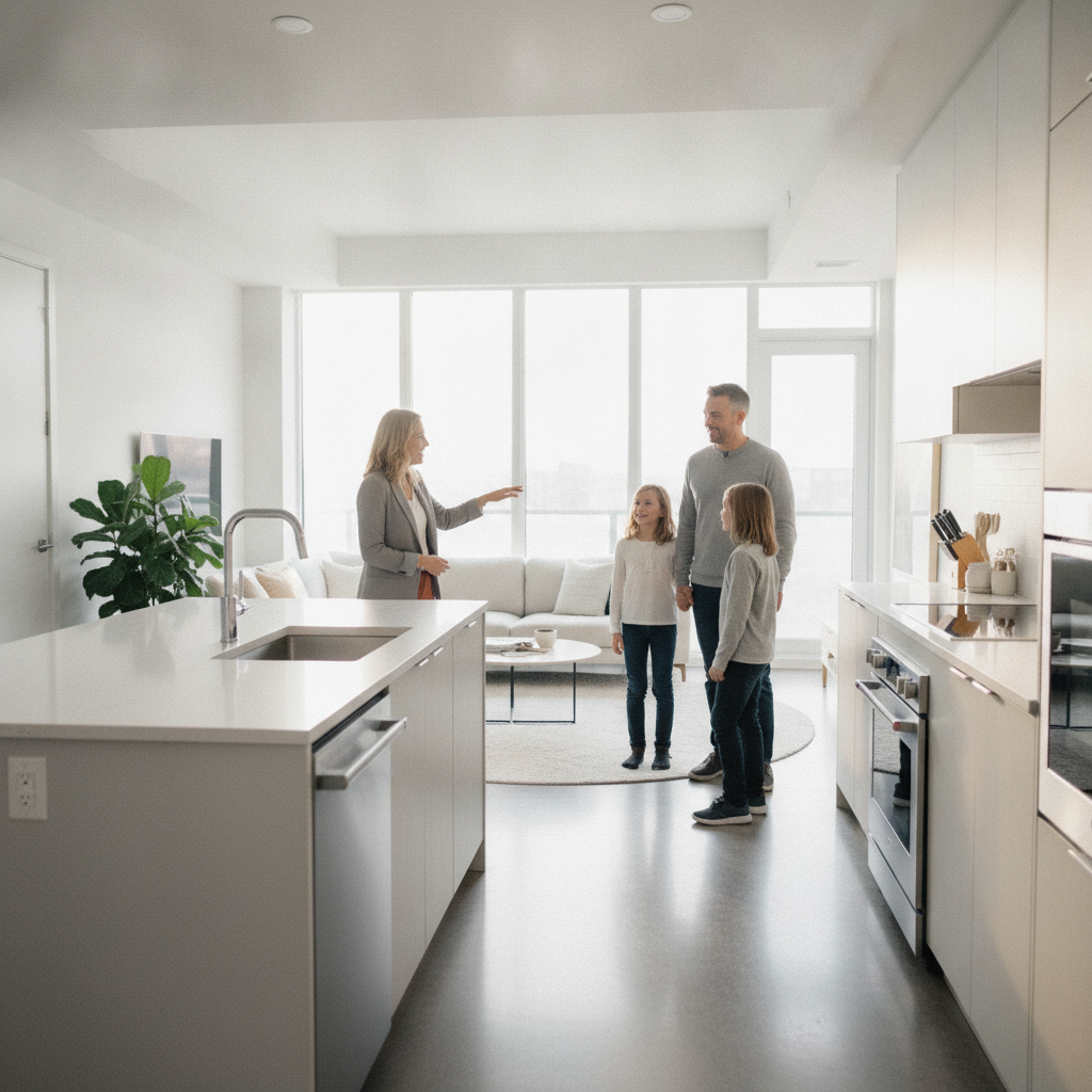 Family touring a bright GTA townhouse with a realtor, representing guided showings for houses for sale in Greater Toronto Area