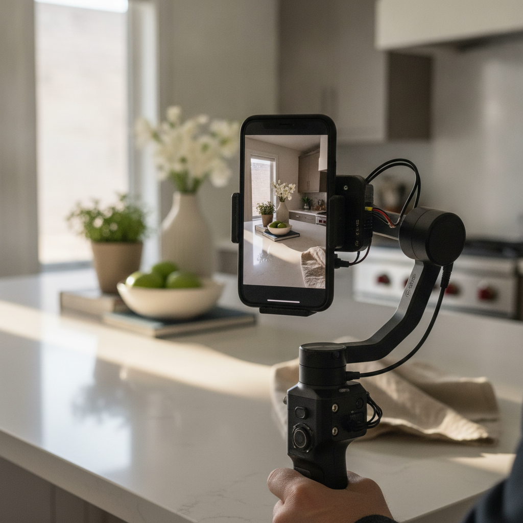 Close-up of smartphone on gimbal recording vertical realtor videos of a staged kitchen island in natural light