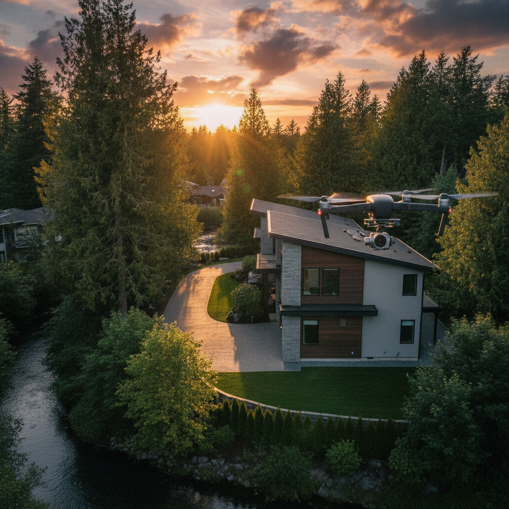 Drone capturing a cinematic exterior flyover for real estate videography in British Columbia