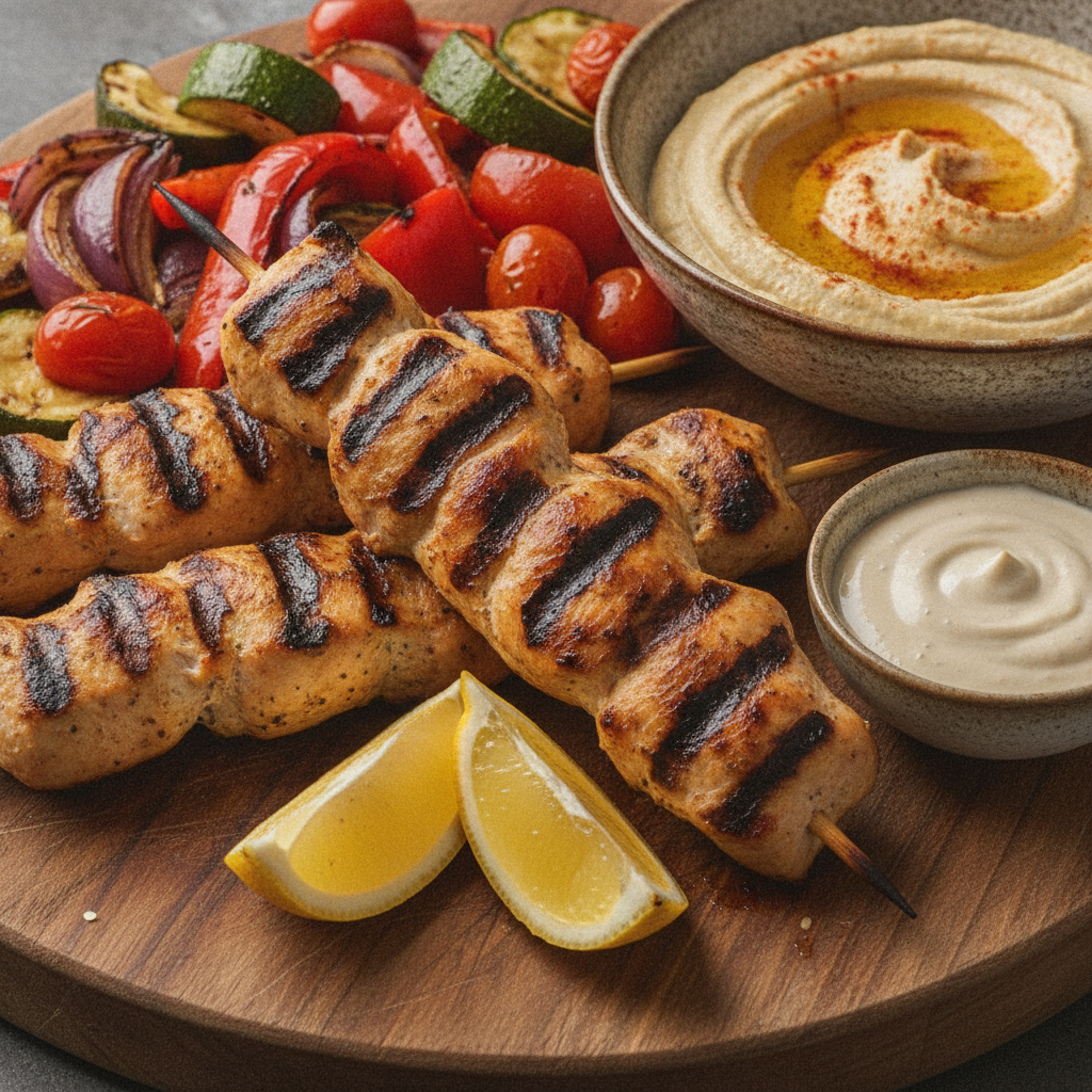 Close-up of halal chicken skewers with dips for Toronto corporate catering