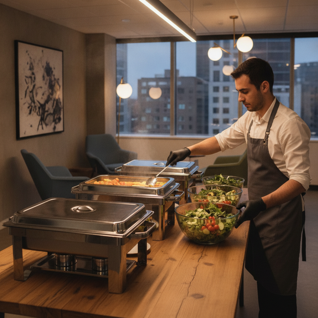 Catering setup in an office lounge with insulated trays and clear labeling for halal corporate catering