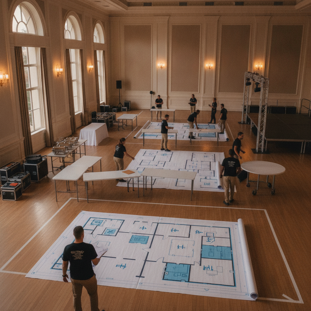 Event planners arranging tables and zones to optimize banquet hall layout planning