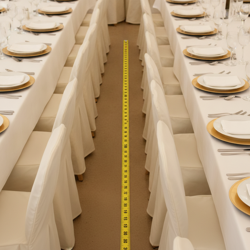 Close-up of banquet table spacing and aisle clearance for banquet hall layout planning