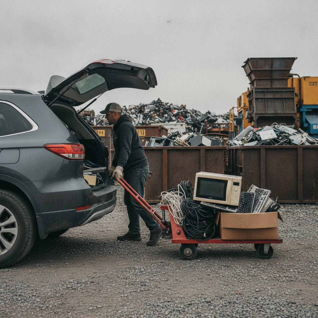 Customer unloading mixed e-waste at an Etobicoke scrap yard: cables, microwave, and keyboards on a dolly during a free electronics recycling drop-off