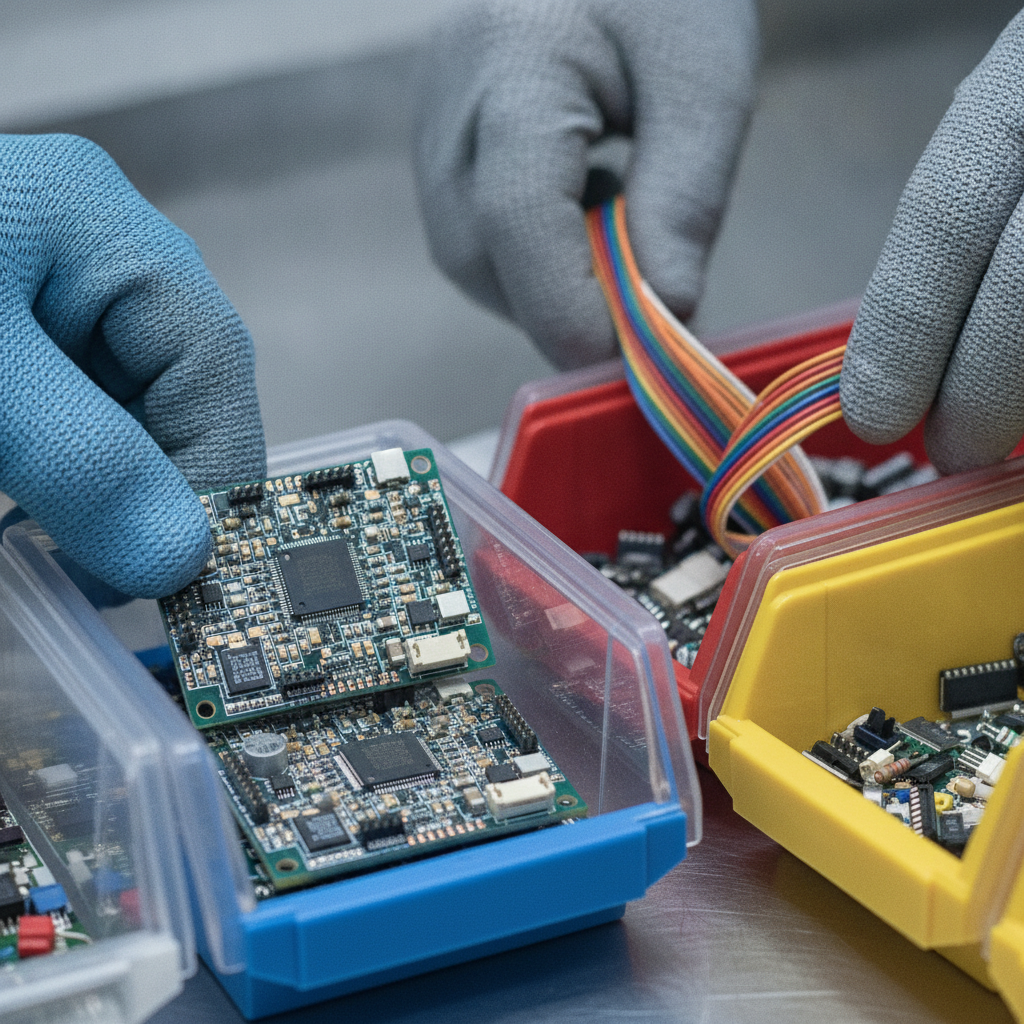 Close-up of careful electronics recycling: gloved hands sort printed circuit boards and ribbon cables into color-coded bins for safe e-waste handling in Etobicoke
