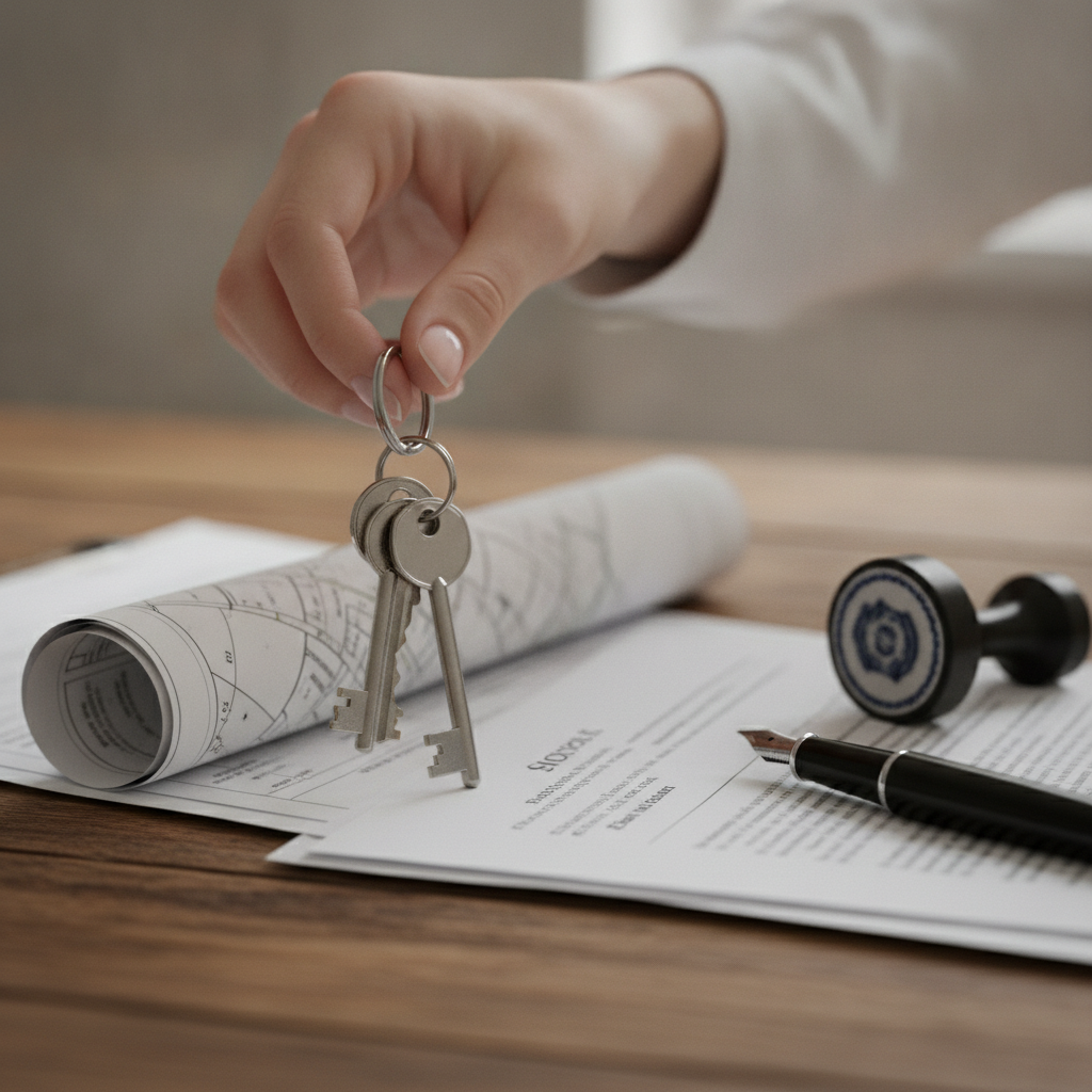 Close-up of house keys beside survey and title papers representing property conveyance due diligence in Ontario