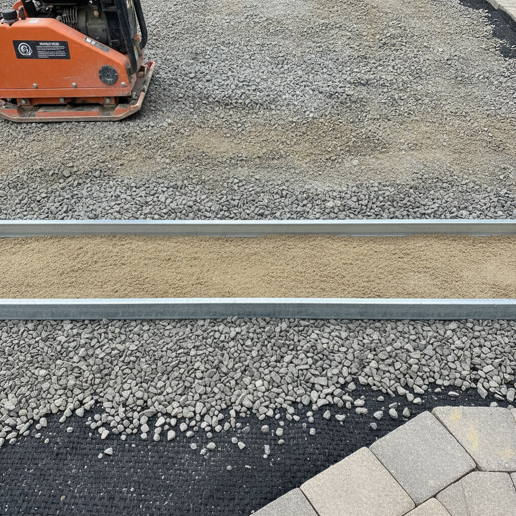 Detail of driveway extension base with geotextile, crushed stone, screed rails, and compaction equipment for Mississauga driveway widening