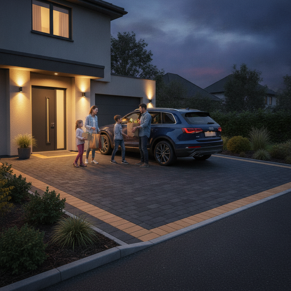 Completed driveway extension with interlocking paver border and curb-friendly transition in Mississauga at dusk