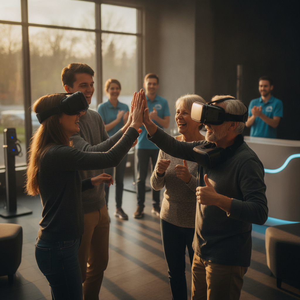 Small group celebrating a successful cooperative VR escape room at The Next Level arcade