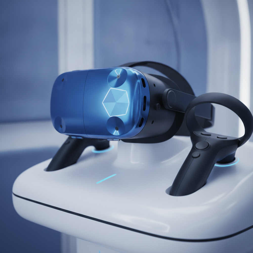 Close-up of HTC Vive Pro headset and VR motion controllers inside a gaming pod for multiplayer VR games