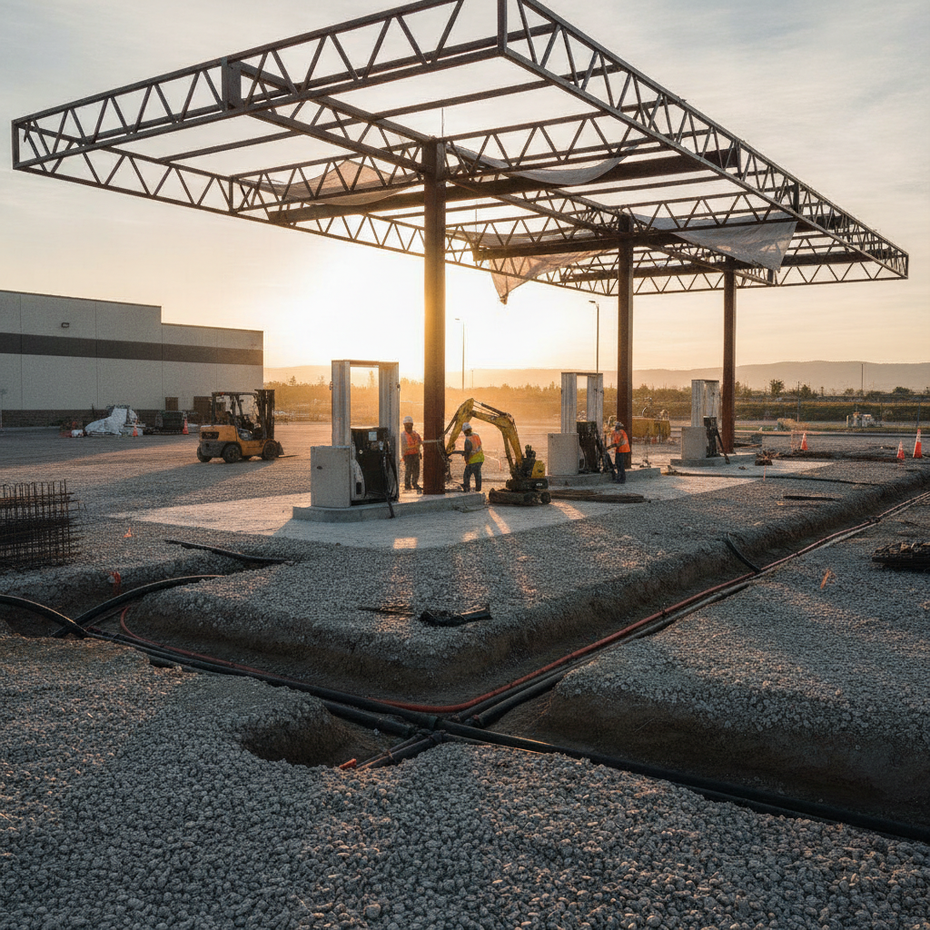 Gas station canopy under construction in Texas, showing canopy steel, pump island work, and trenching that influence commercial construction cost