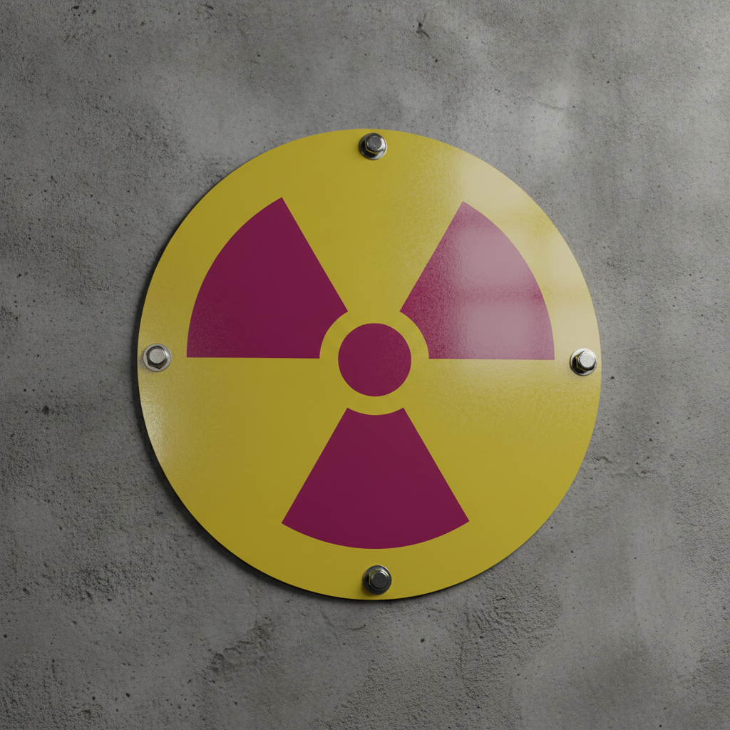 Close-up of durable ANSI-aligned radiation hazard sign trefoil on yellow background for industrial signage