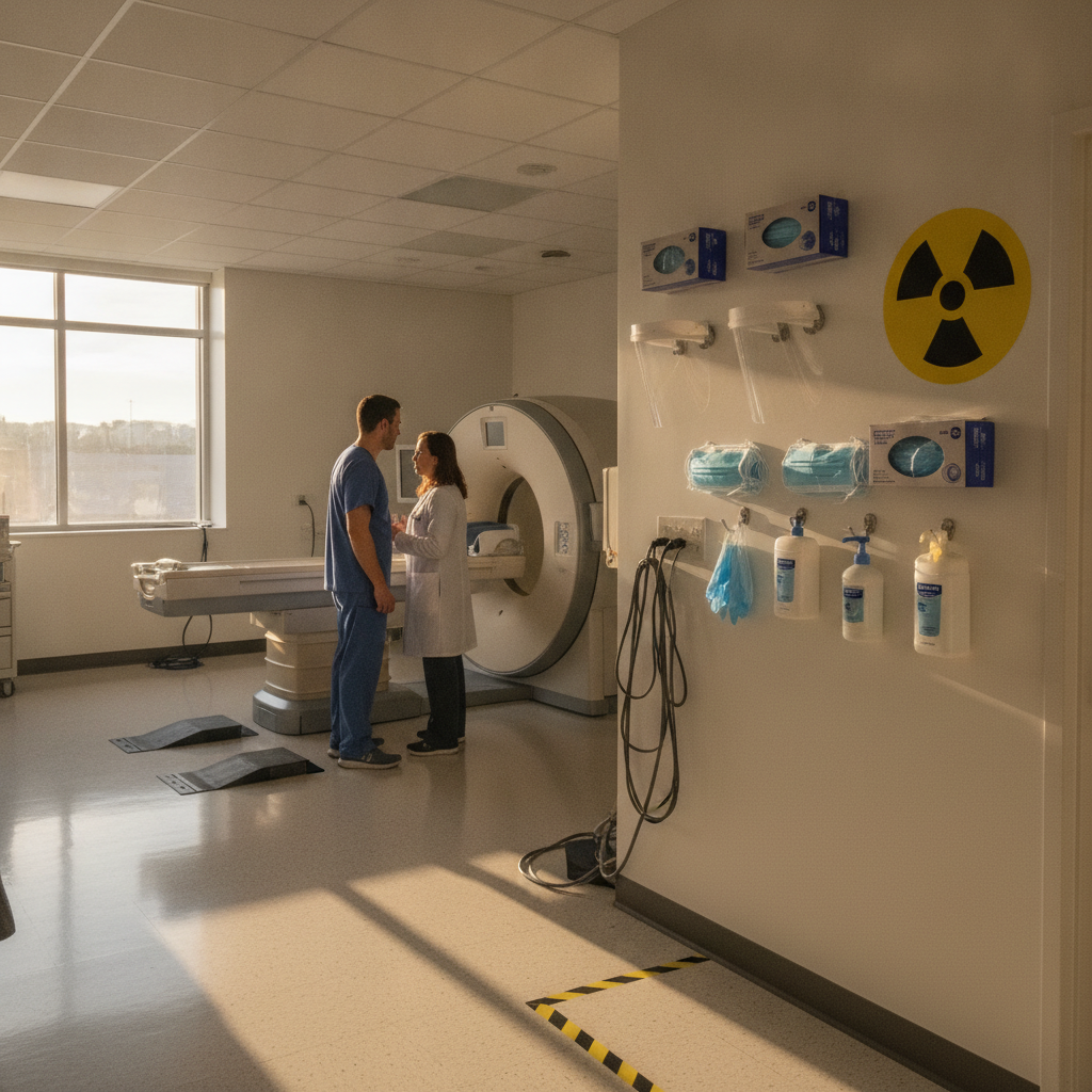 Controlled access room in a U.S. medical imaging facility with floor stripes, PPE station, and a radiation trefoil sign at eye level