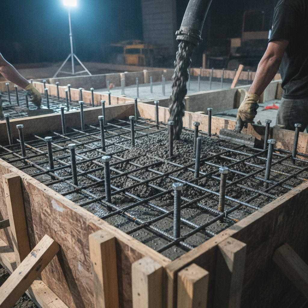 Close-up of concrete foundation work with rebar and anchor bolts, illustrating commercial construction cost drivers in Texas