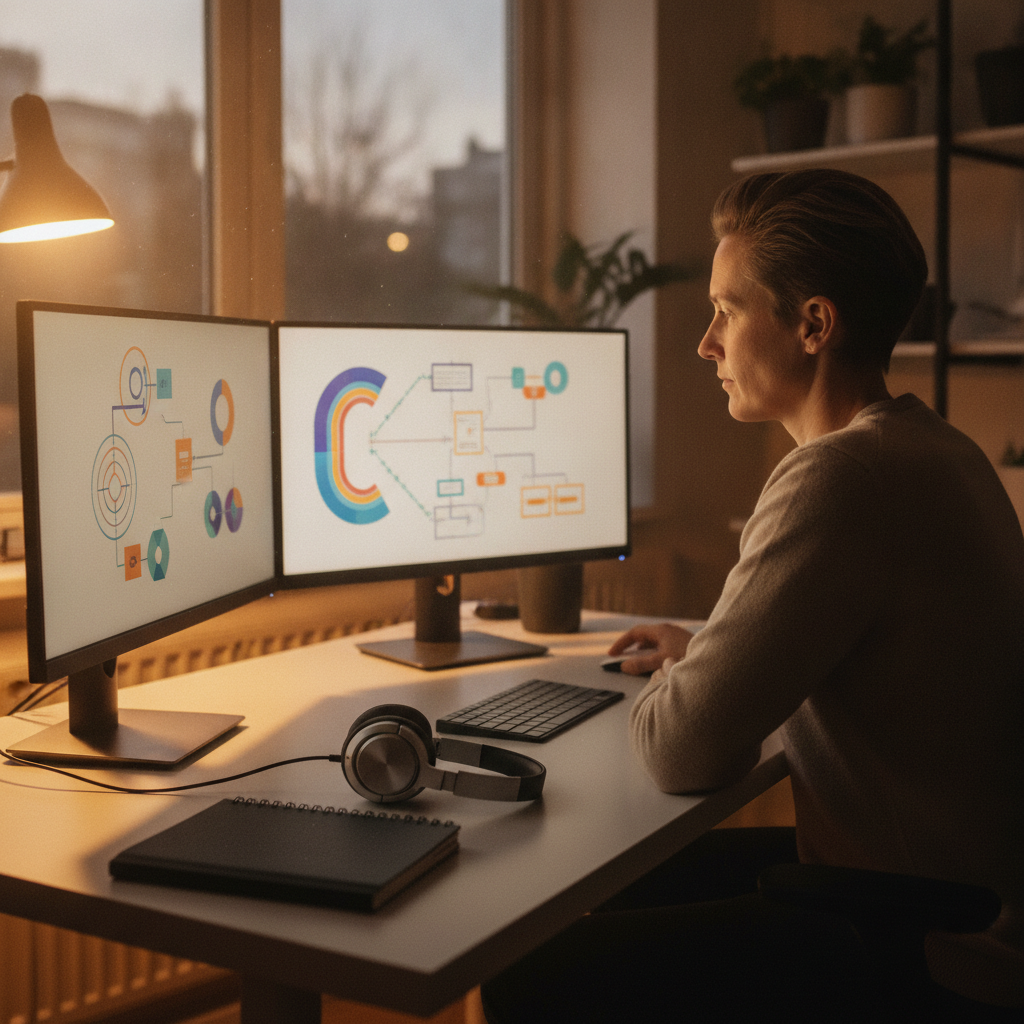 Senior analyst reviewing workflow diagrams during CBAP exam prep in a calm home office setup