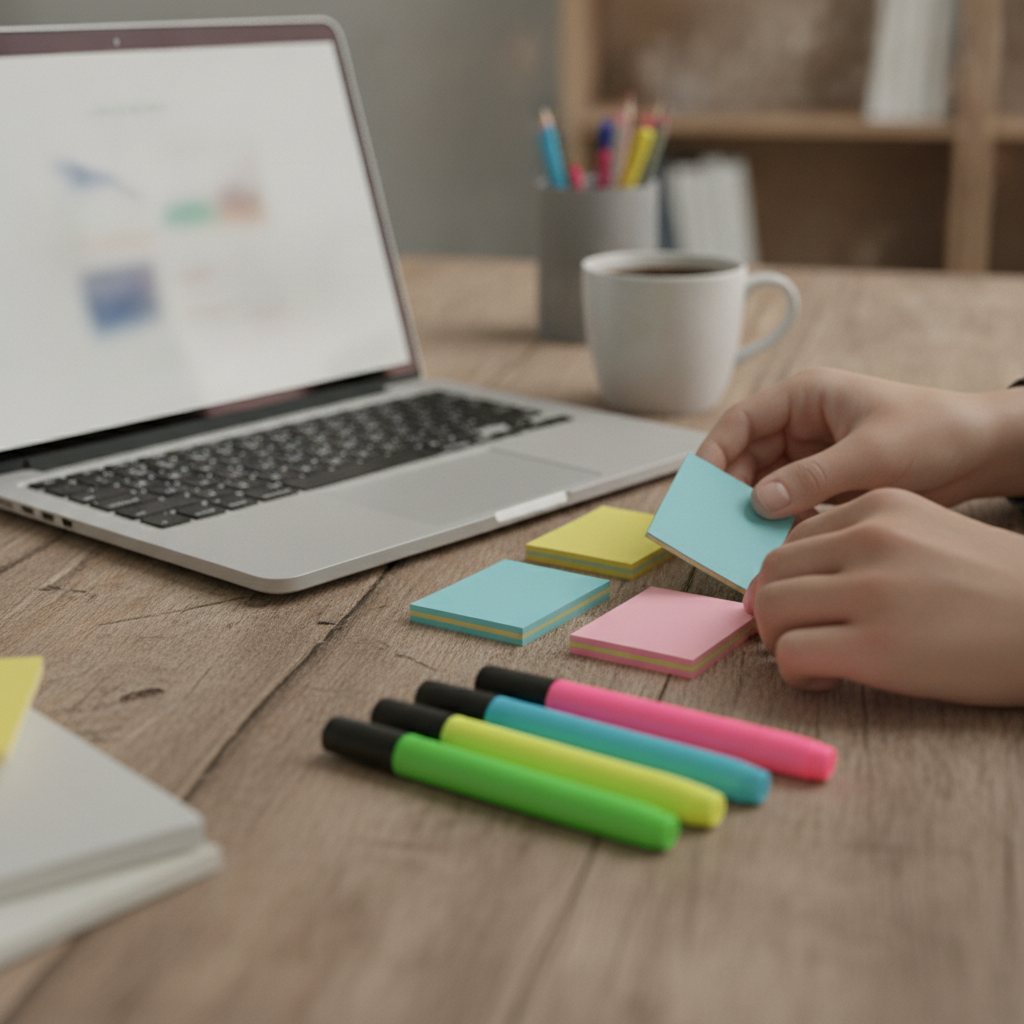 Close-up CBAP study tools for senior analysts: flashcards, highlighters, and laptop organized for CBAP certification prep in Mississauga
