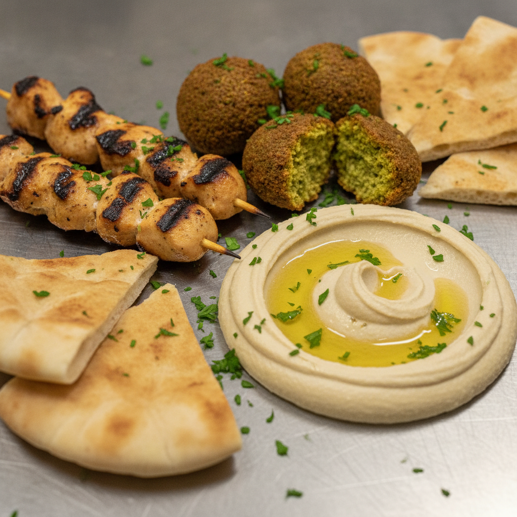 Halal catering close-up of grilled chicken skewers, falafel, hummus, and pita for Toronto corporate lunches