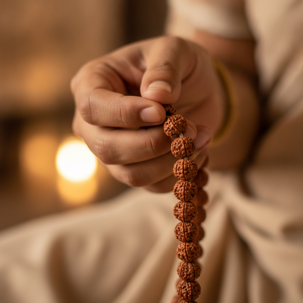 Close-up of japa with rudraksha mala during mantra practice, illustrating how to select mantra recommendations and begin with 27–108 beads