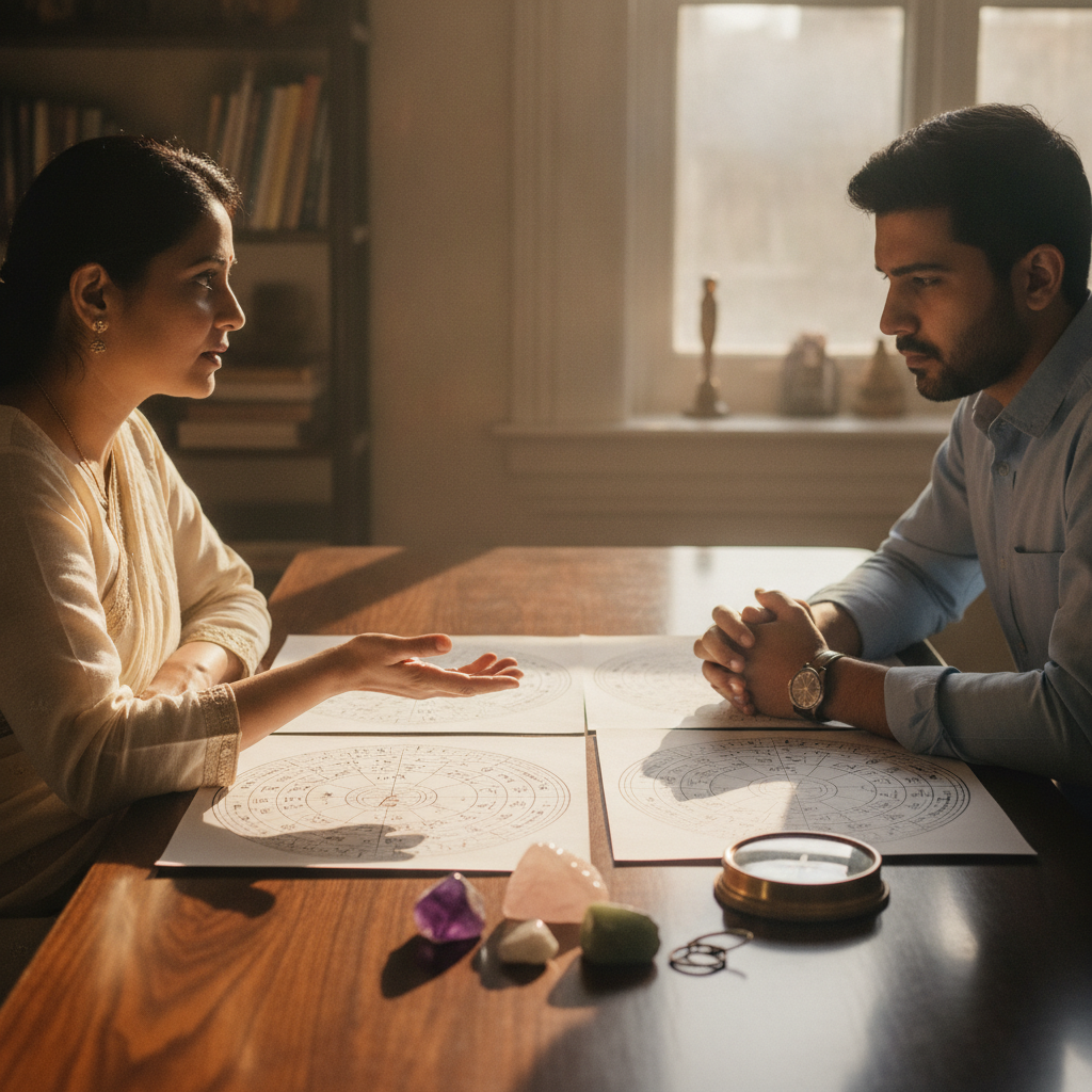Astrology and Vaastu consultation scene at World Astro in Brampton, reviewing charts, gemstones, and a compass to refine mantra recommendations