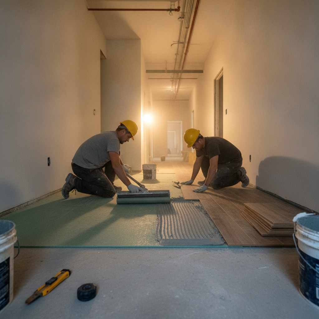 Renovation crew installing acoustic underlayment and glue-down LVP in a multi-unit corridor for quieter apartment flooring
