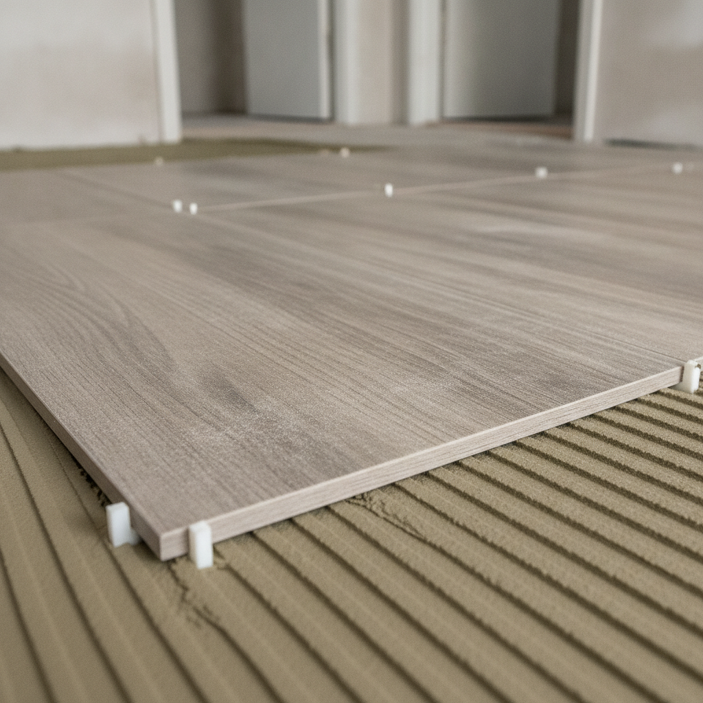 Close-up of porcelain tile installation with thinset and leveling spacers for apartment corridor flooring and tiling