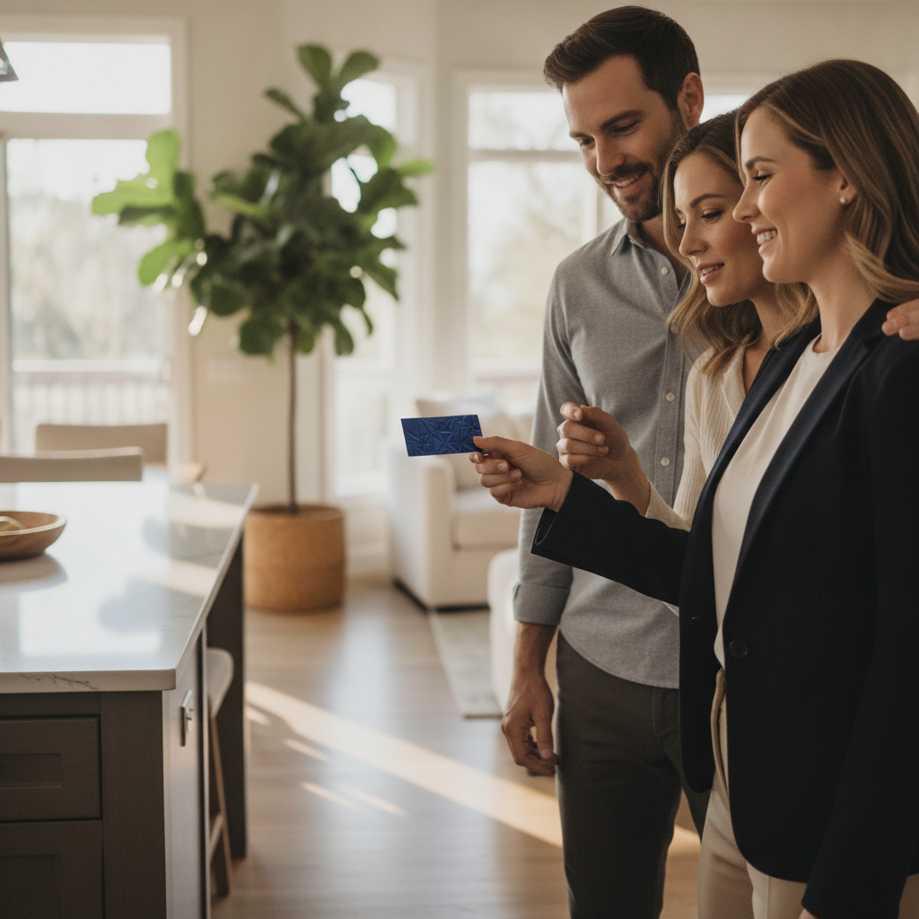 Real estate agent handing a raised spot UV business card to homebuyers during a bright open house