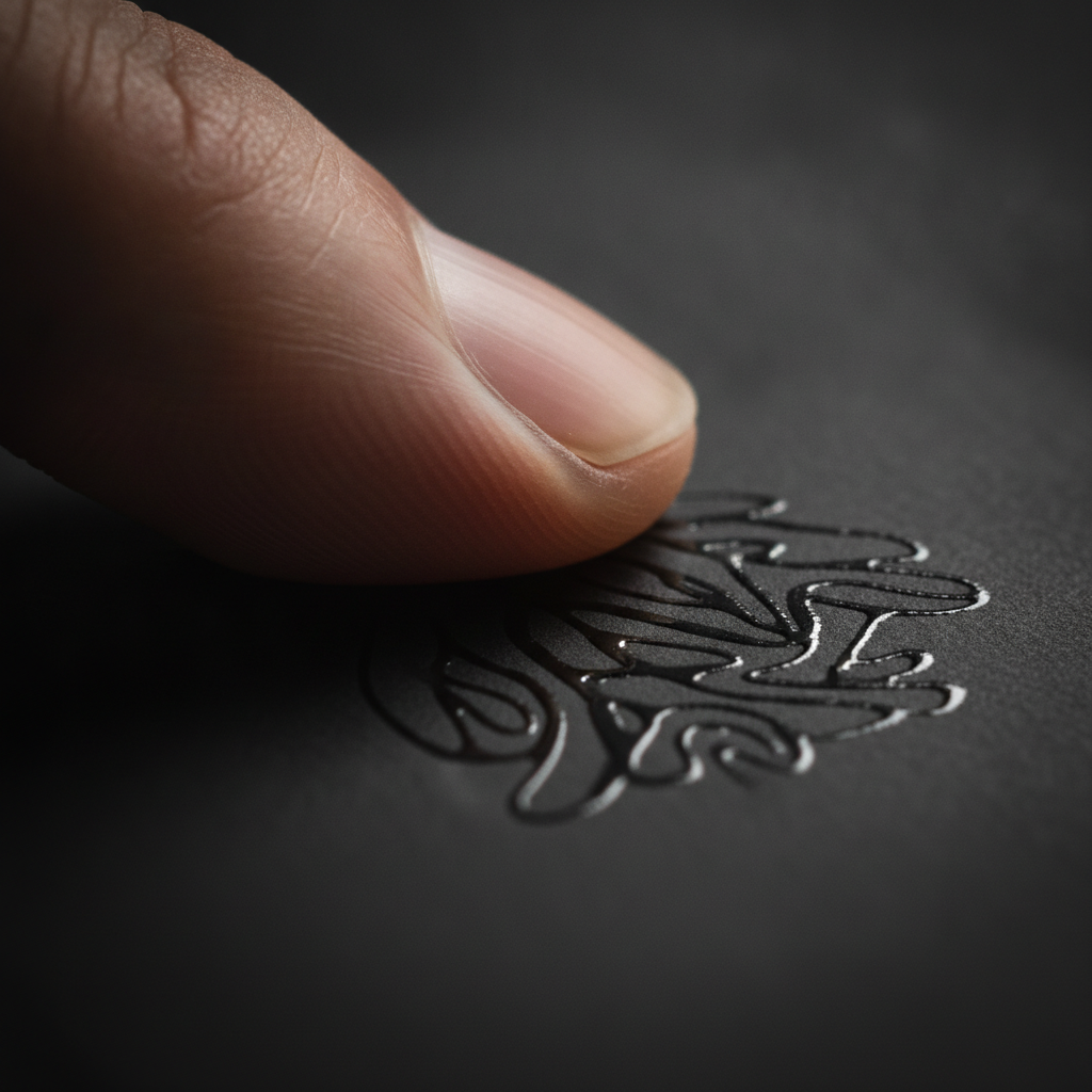 Close-up of a finger feeling raised spot UV texture on a soft-touch real estate business card