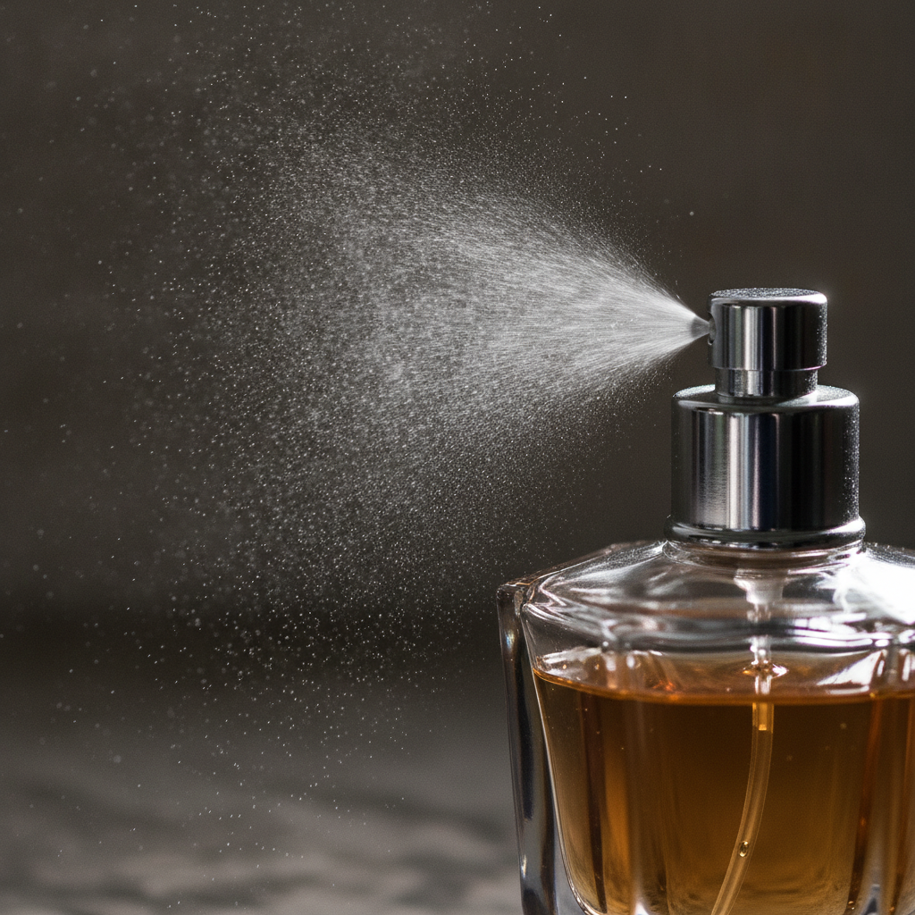 Close-up atomizer mist demonstrating luxury men's fragrance application technique for even diffusion