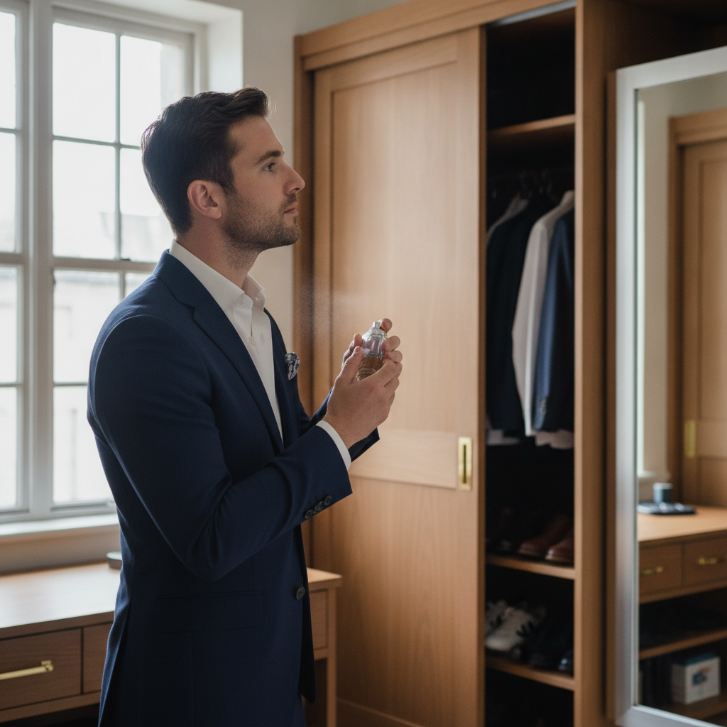 Lifestyle image of a man applying a luxury men's fragrance to neck pulse points in a modern dressing room