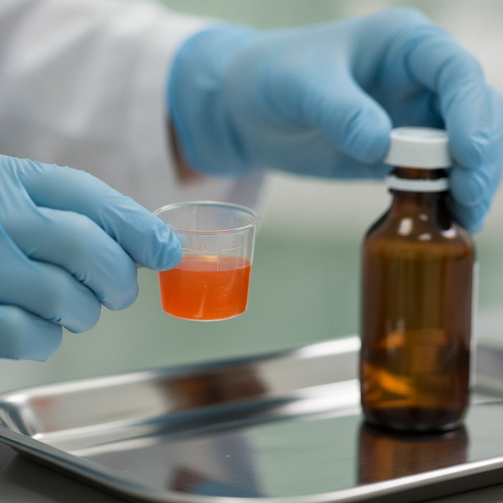 Close-up of safe methadone dosing process during methadone maintenance treatment in an outpatient clinic