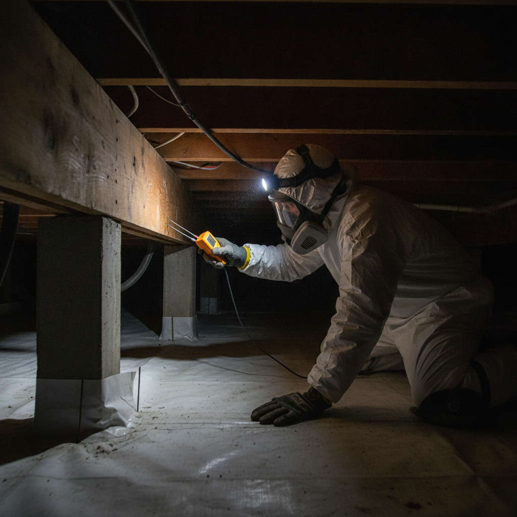 Inspector using a moisture meter on sill plates in a crawl space during a structural foundation inspection, showing vapor barrier and piers