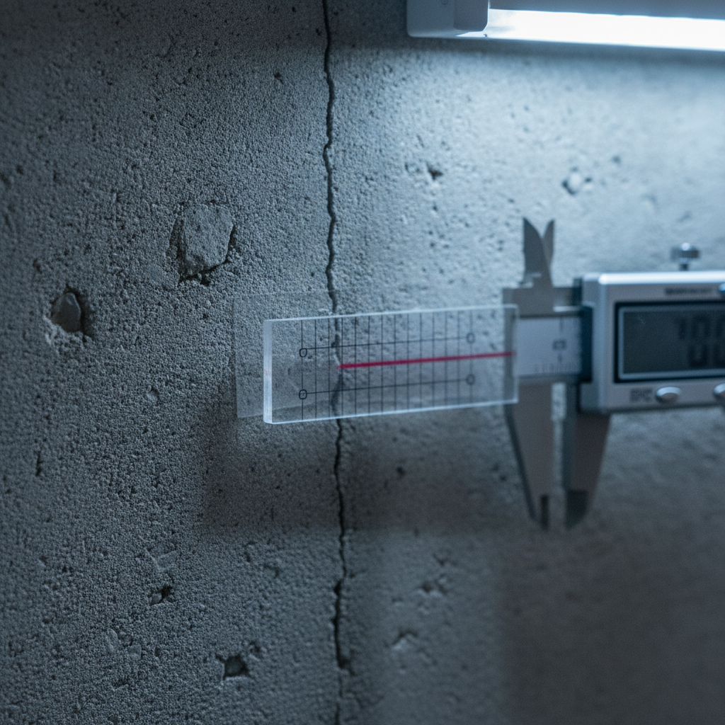 Close-up of a crack gauge measuring a hairline crack during a structural foundation inspection, showing concrete texture and precise evaluation