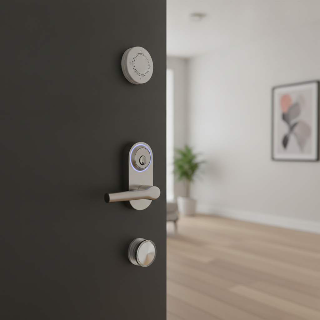 Close-up of condo door with smart lock and water leak sensor illustrating condo insurance discounts via security and water protection