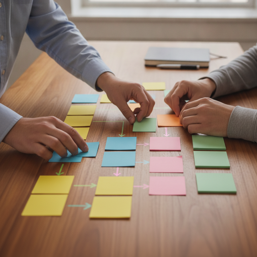 Close-up showing how to optimize content for SEO by planning keyword clusters and internal links on a desk