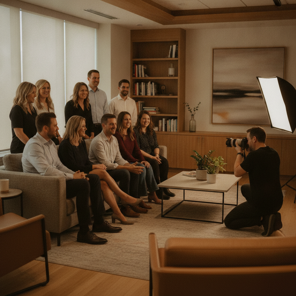 On-location corporate team photo in Maple Ridge office lounge during a corporate photoshoot, photographer aligning a mixed team in warm daylight