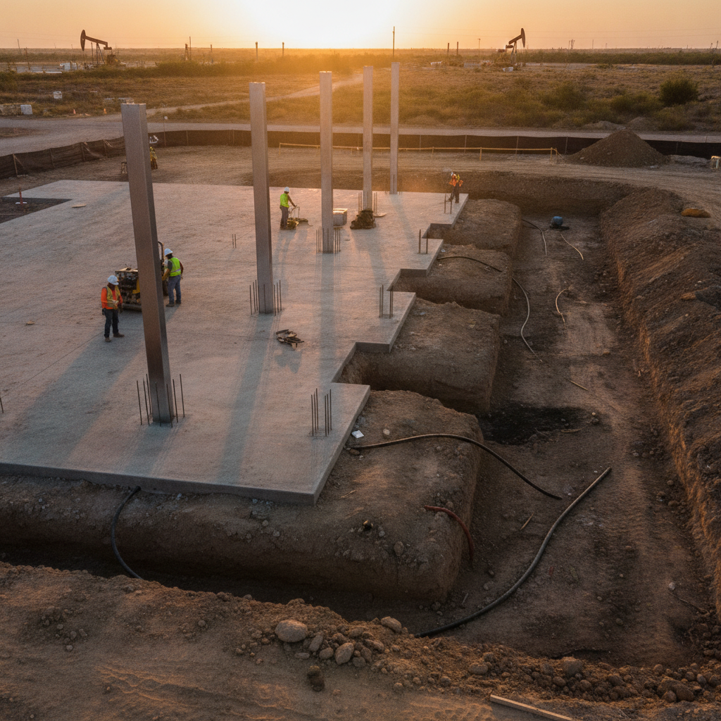 Texas gas station jobsite showing canopy columns, concrete pads, and stormwater trenching—site preparation and excavation in progress
