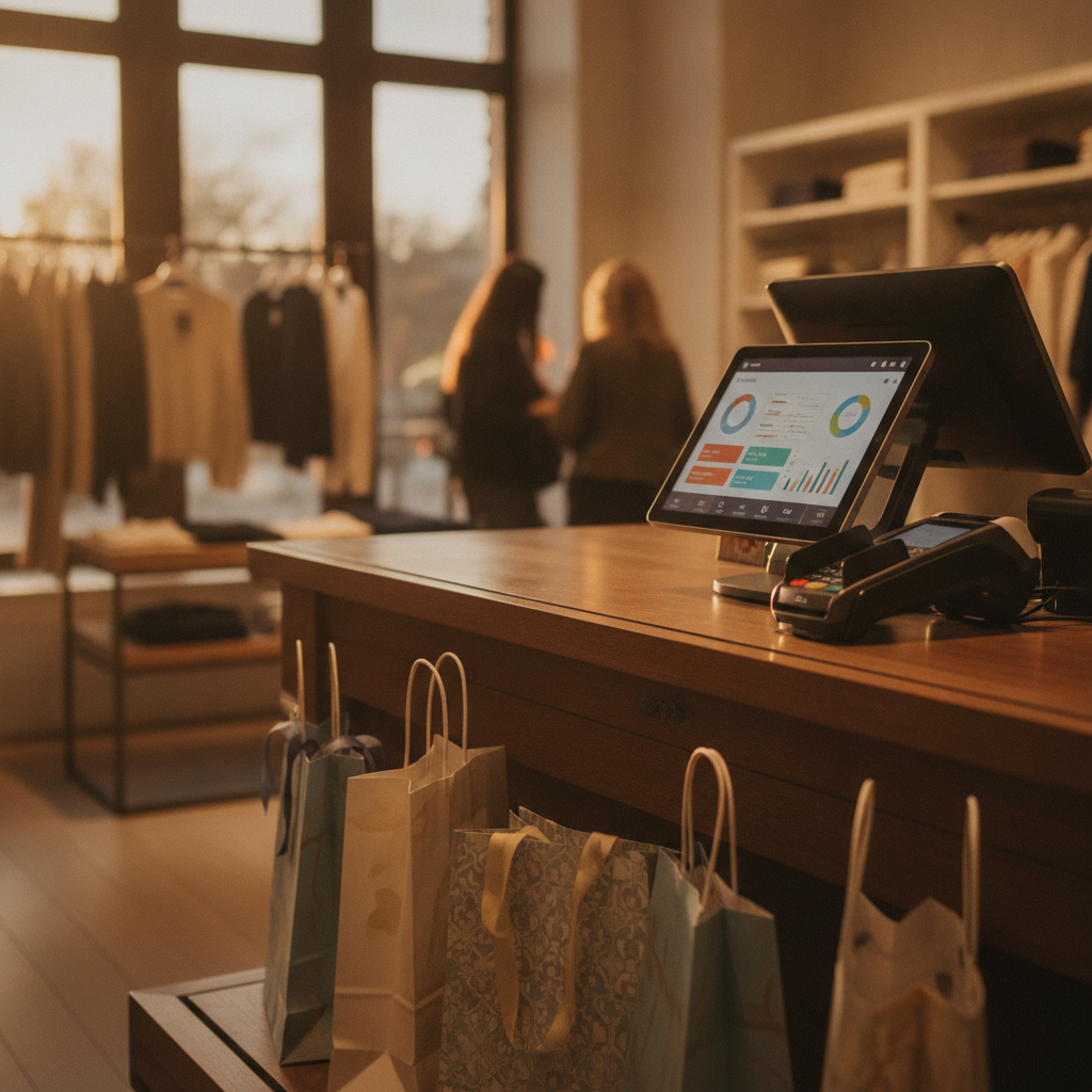 Retail point-of-sale counter with tablet showing finance dashboard, illustrating QuickBooks plan selection for inventory and sales reconciliation