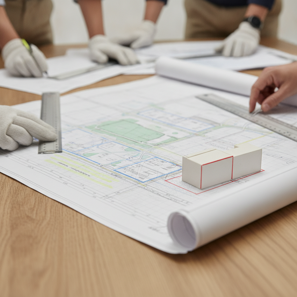 Architects and urban planners reviewing a Texas site plan with massing model and setbacks—architecture and urban planning collaboration