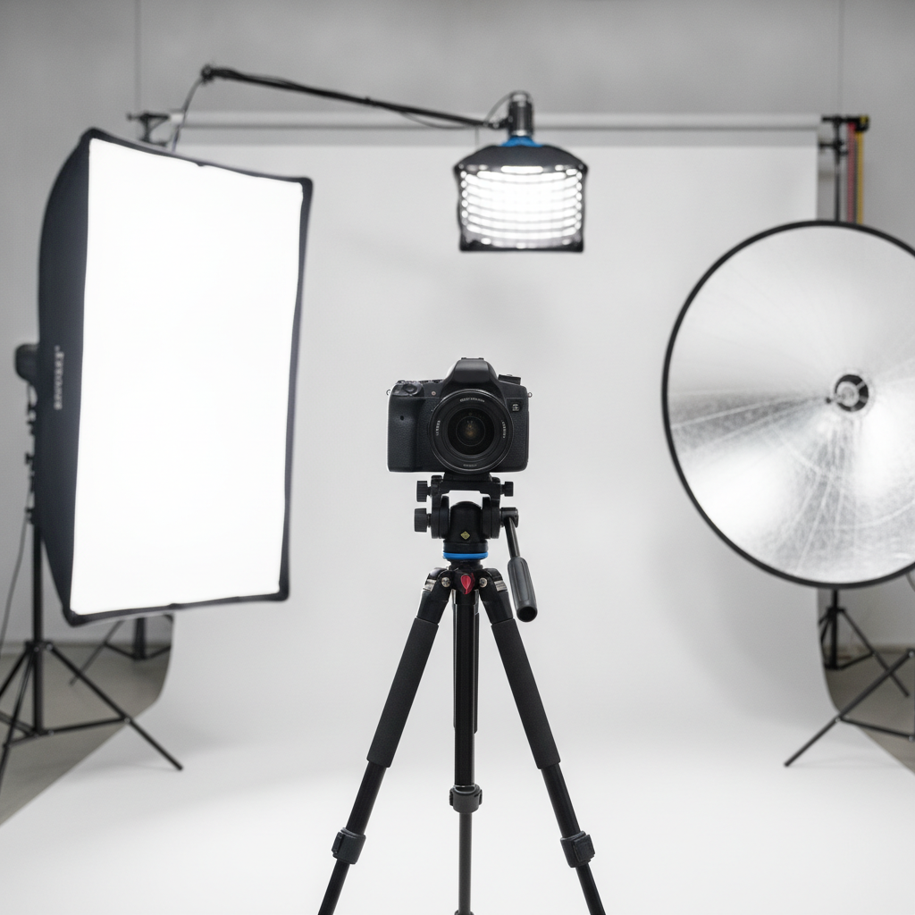 Detail view of corporate headshot lighting equipment: camera, key softbox, reflector, and hair light used for a corporate photoshoot