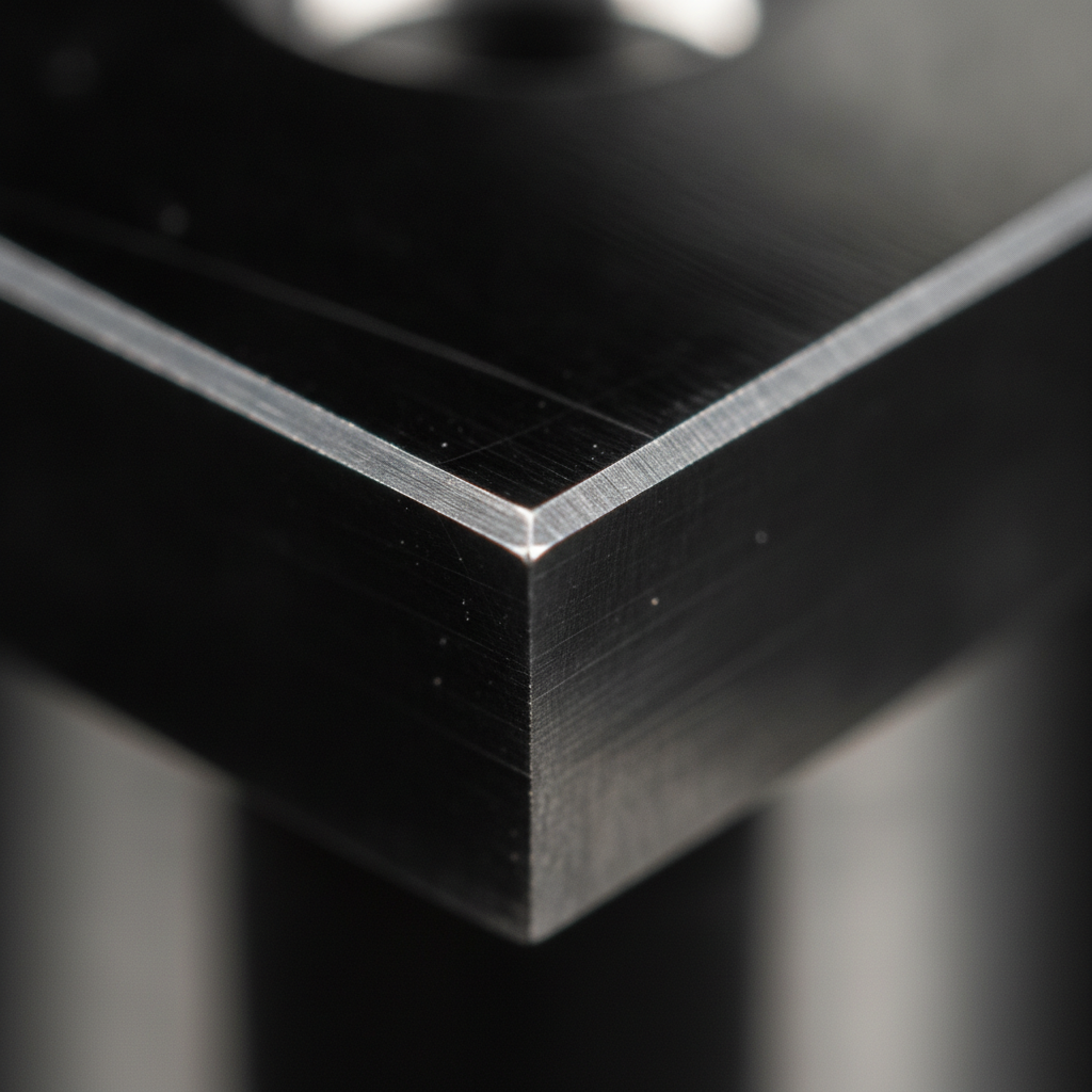 Close-up of a DLC-coated carbide insert showing mirror-black surface and sharp chamfer, demonstrating diamond-like carbon coating finish