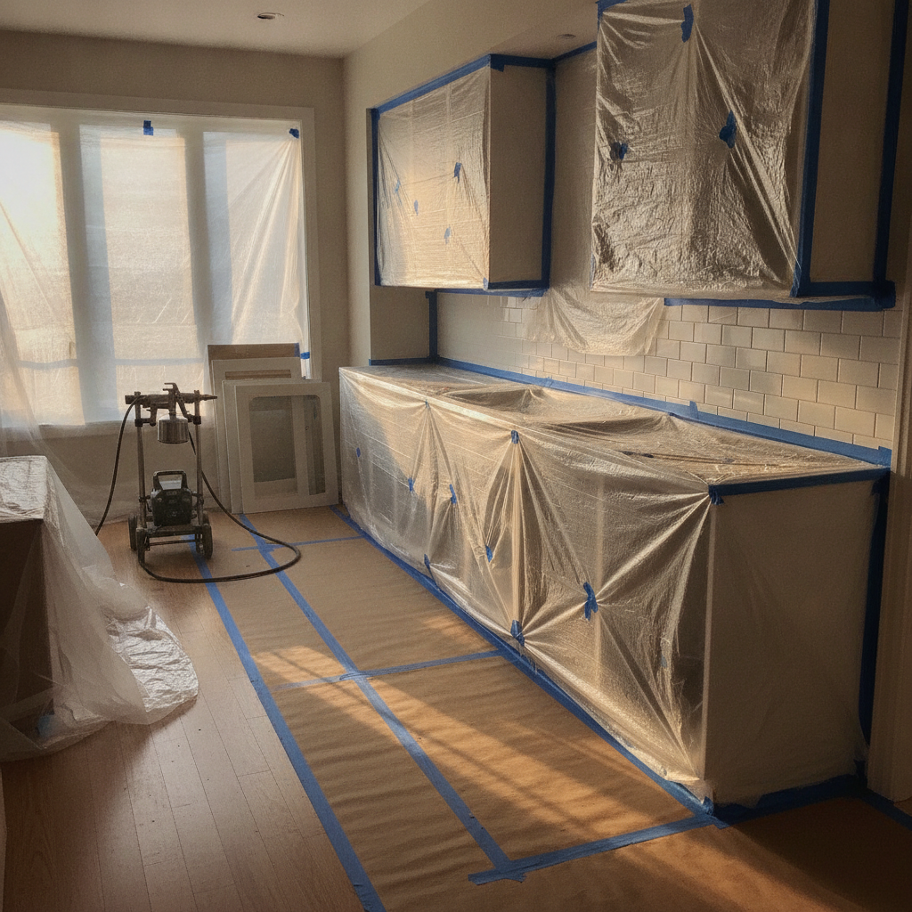Kitchen prepped for cabinet spraying on-site with masking, protection, and portable sprayer