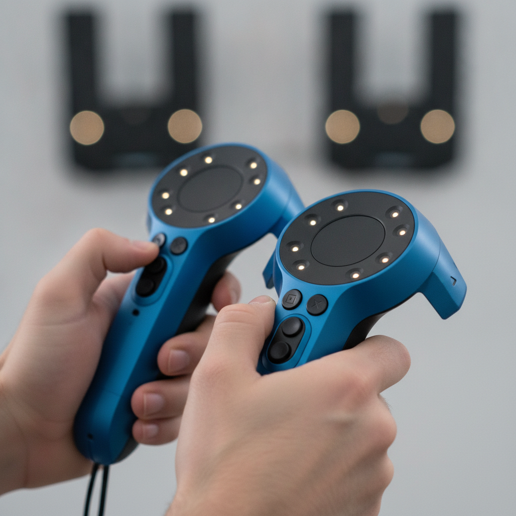 Close-up of HTC Vive Pro motion controllers used for multiplayer VR games with room-scale tracking at The Next Level arcade