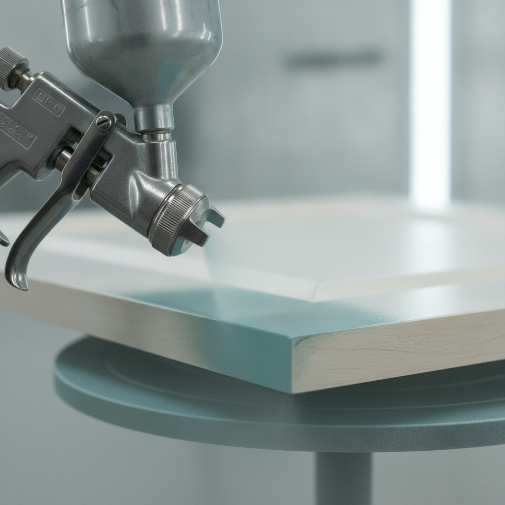 Close-up HVLP spray gun applying paint to cabinet door edge for smooth finish